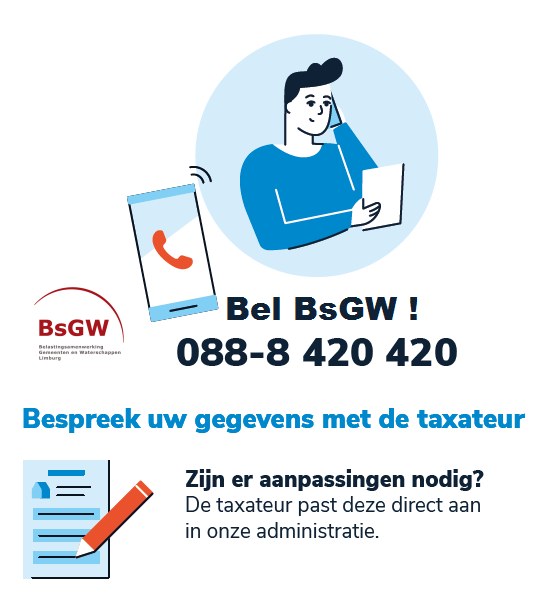 Check samen met ons uw WOZ-waarde. Bel ons! 088-8420420. Bespreek uw gegevens met de taxateur. Zijn er aanpassingen nodig? De taxateur past deze gelijk aan in onze administratie