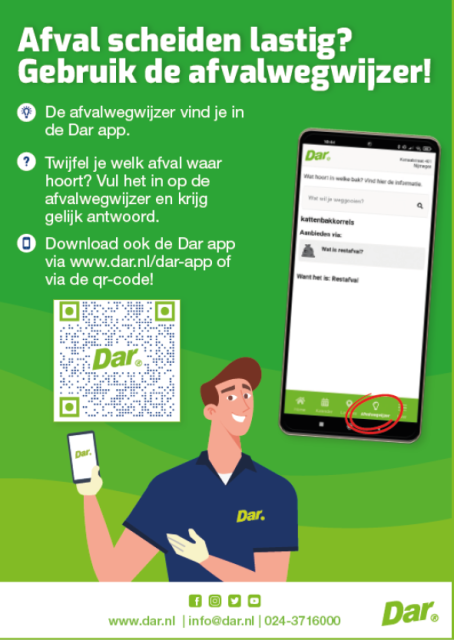 Afval scheiden lastig? Gebruik de afvalwegwijzer! Die vind je in de Dar app. Te downloaden via de QR-code.