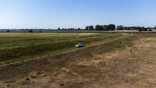 droog weiland met een auto op een zandpad