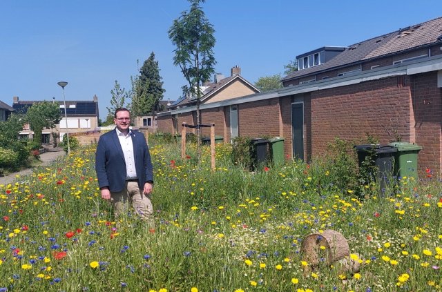 Wethouder Rodoe staat in een veld met wilde bloemen
