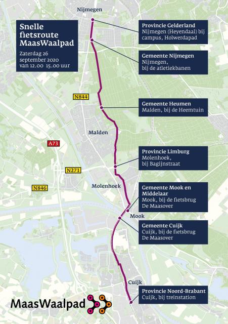 Kaart snelle fietsroute Maaswaalpad met zeven stoplocaties.
