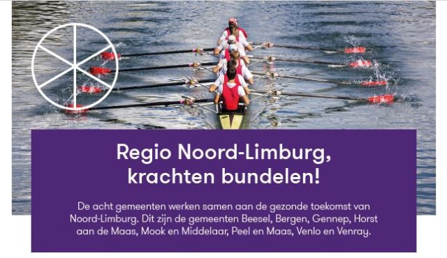 Roeiers in een boot op het water met de tekst: ‘Regio Noord-Limburg, krachten bundelen!’ en een toelichting over samenwerking van acht gemeenten aan een gezonde toekomst.