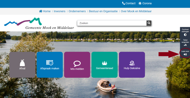 screenshot van voorkant website met pijl op icoontje spraak