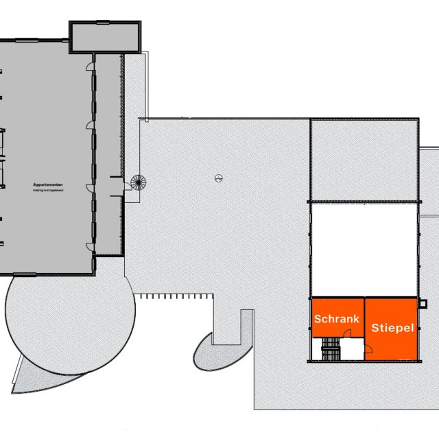 Plattegrond van de rechterzijde van de eerste verdieping met twee oranje gemarkeerde ruimtes: 'Schrank' en 'Stiepel', beide met een trap naar beneden.