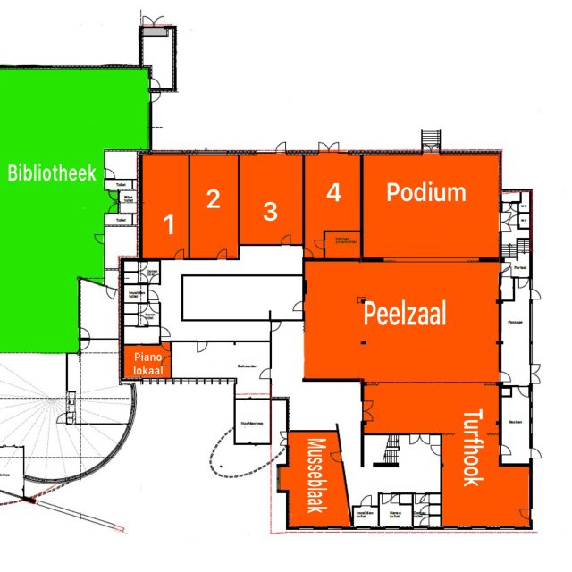 Plattegrond van de begane grond met de bibliotheek aan de linkerzijde, het pianolokaal aan de onderkant, en vier genummerde ruimtes (1 tot 4), evenals een podium, Peelzaal, Turfhoek en Musseblaak.