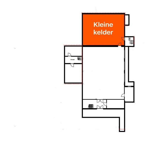 Plattegrond met een kleine kelder bovenaan, en toegang tot verschillende ruimtes zoals een gang en trap