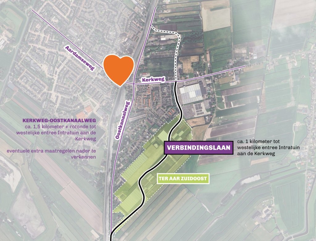 Kaart van Ter Aar-Zuidoost en de mogelijke verbindingslaan tussen de Oostkanaalweg en de Kerkweg.