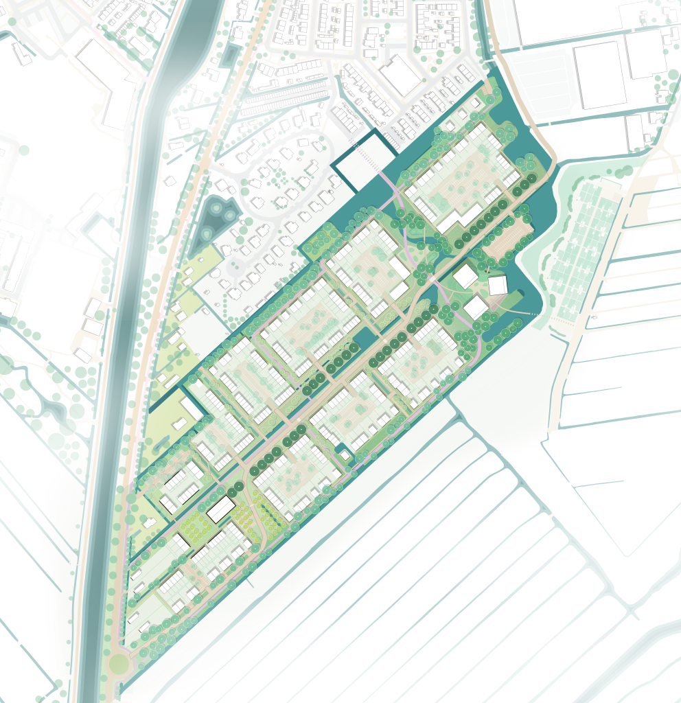 Plankaart van Ter Aar-Zuidoost met woningen, wegen, fietspaden, water en groen.