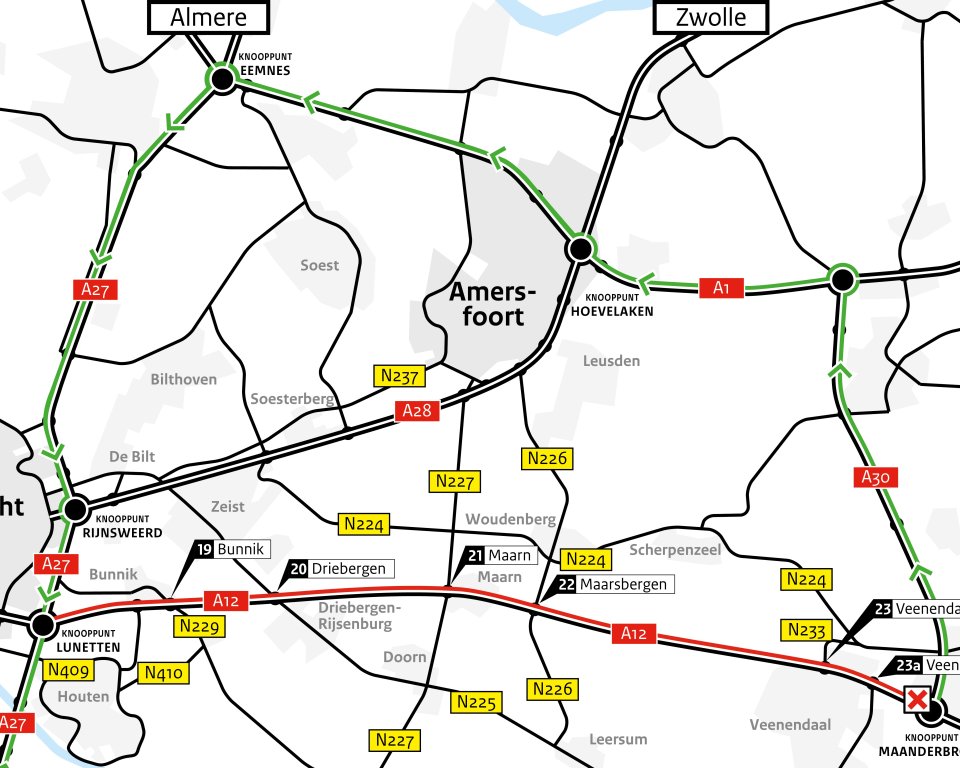 Plattegrond omleiding afsluiting A12