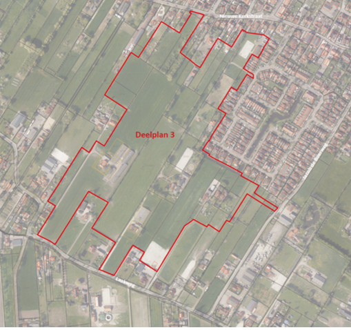 Plangebied woningbouw Nijkerkerveen deelplan 3 (aangegeven door een rode lijn)