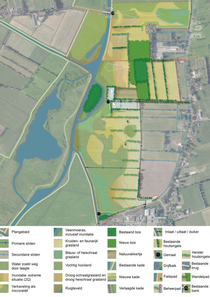 Kaart van een plangebied met een inrichtingsvoorstel voor natuurontwikkeling. De kaart toont bestaande landbouwpercelen, watergangen en bebouwing, gecombineerd met nieuwe natuurtypen zoals graslanden, bos, moeras en water. Ook zijn nieuwe en bestaande fietspaden en andere landschapselementen toegevoegd. Onderaan staat een legenda met de gebruikte kleuren en symbolen. 