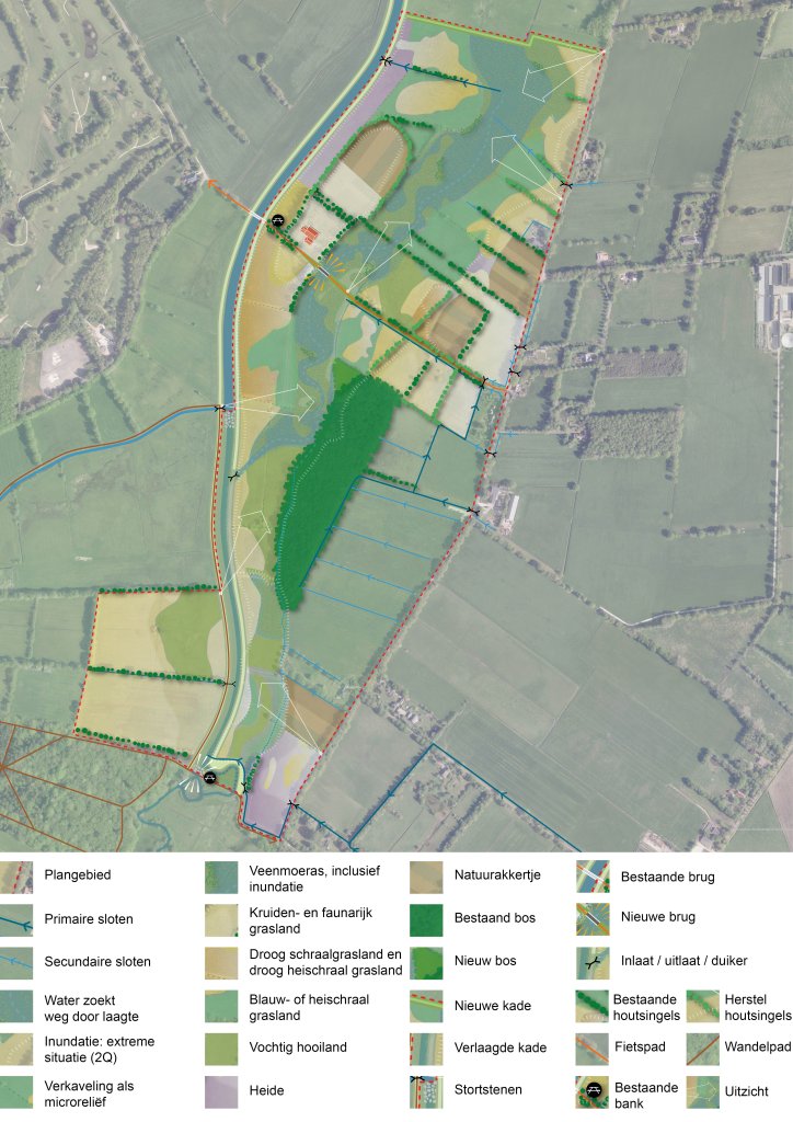 Kaart van een plangebied met een inrichtingsvoorstel voor natuurontwikkeling. De kaart toont bestaande landbouwpercelen, watergangen en bebouwing, gecombineerd met nieuwe natuurtypen zoals graslanden, bos, moeras en water. Ook zijn nieuwe en bestaande fietspaden en andere landschapselementen toegevoegd. Onderaan staat een legenda met de gebruikte kleuren en symbolen. 