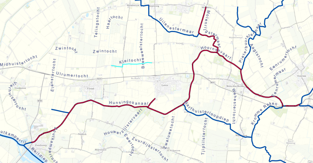 De te baggeren watergangen locaties voor weilanddepot Hunzingokanaal - Hoornstervaart - Molenrijgstervaart