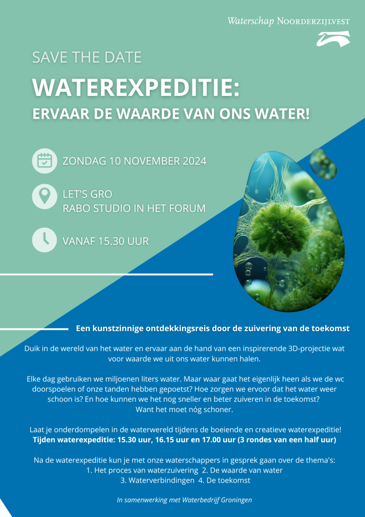 Flyer Waterexpeditie: ervaar de waarde van water! 10 november 2024 - verder uitleg van de informatie staat onder de flyer