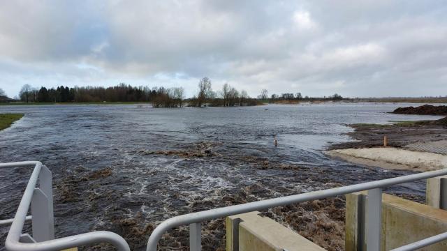 De waterberging in polder De Dijken-Bakkerom is al snel gevuld met overtollig regenwater. 