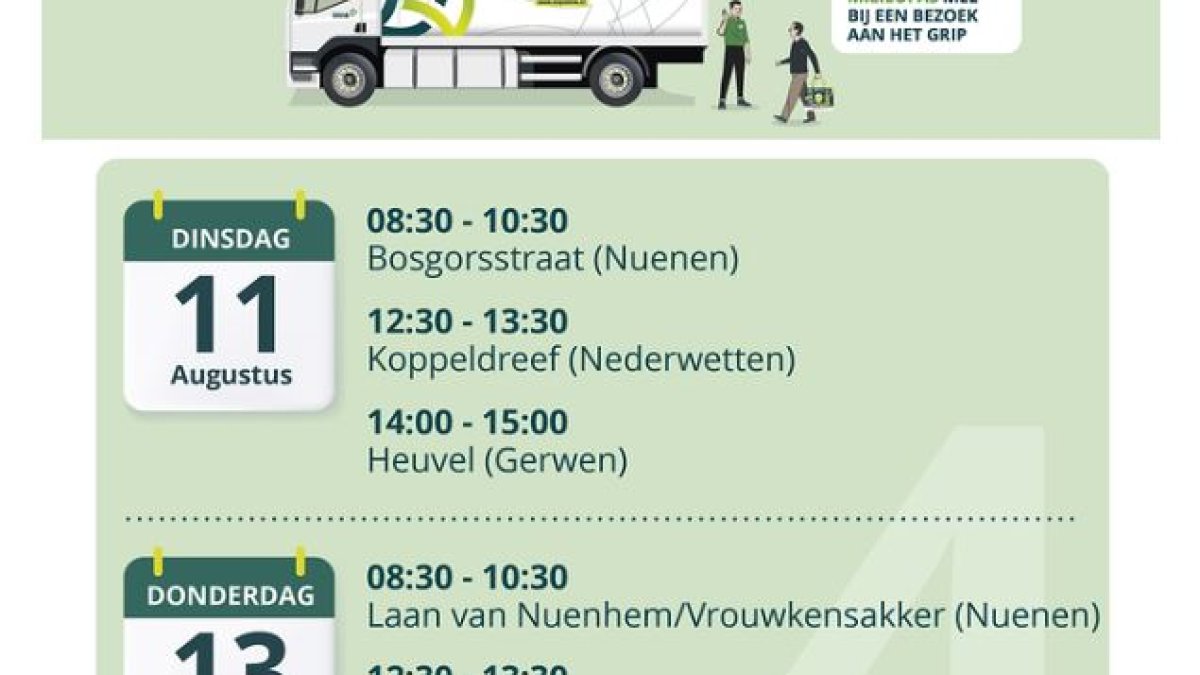 De GRIP-wagen (mobiele milieustraat) komt 11 en 13 augustus naar u toe