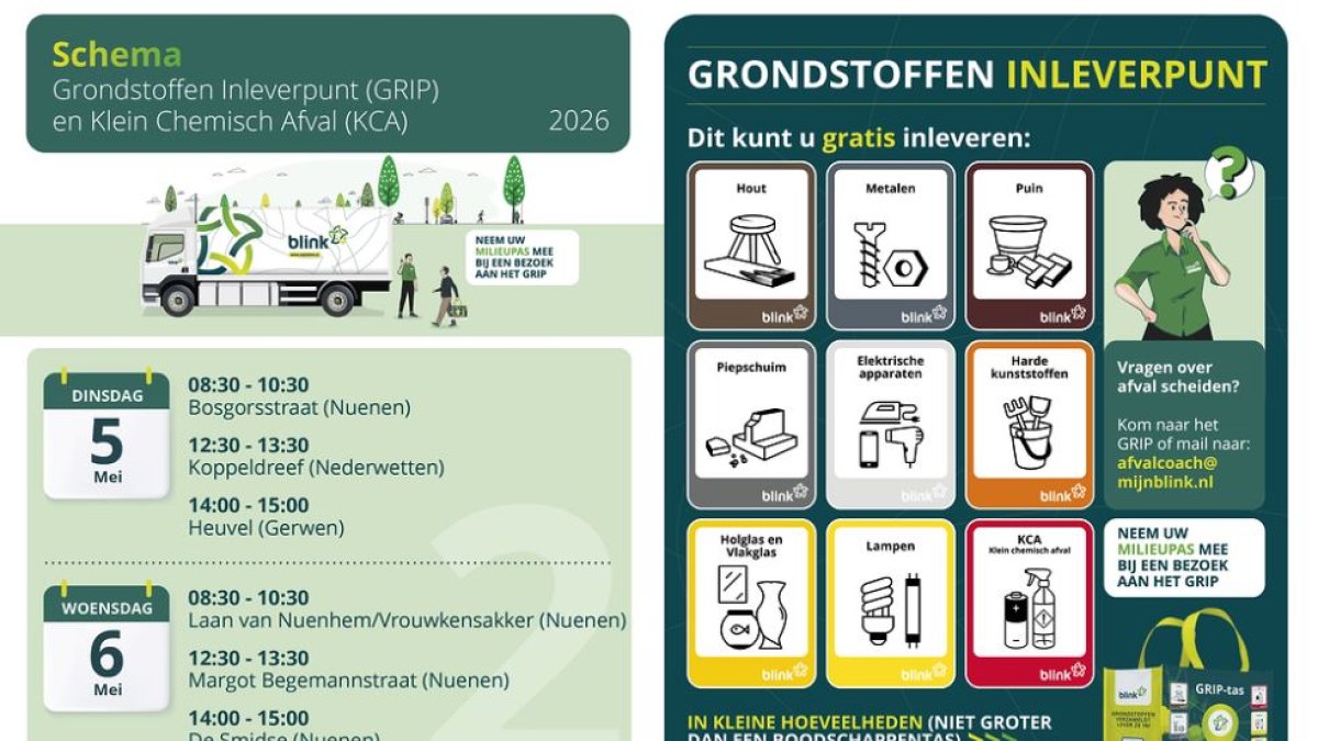De GRIP-wagen (mobiele milieustraat) komt 5 en 6 mei naar u toe