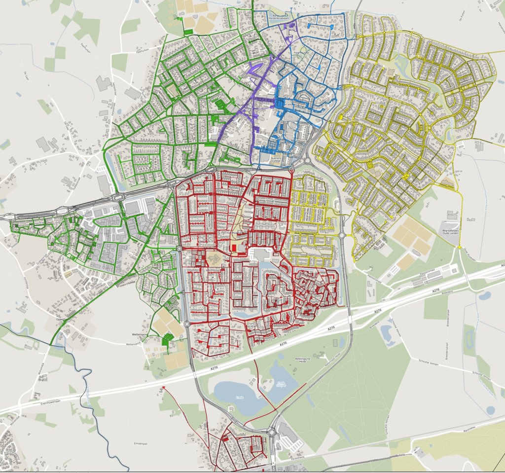 Blauw = Zuid-West, Gerwen en Nederwetten Roze = Zuid Groen = Noord Paars = centrum Geel = Oost Grijs = doorgaande wegen