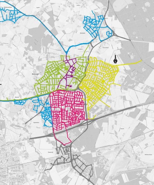 Blauw is ZuidWest, Gerwen, Nederwetten - Roze is zuid - Groen is Noord - Paars is centrum - Geel is Oost - Grijs is doorgaande wegen