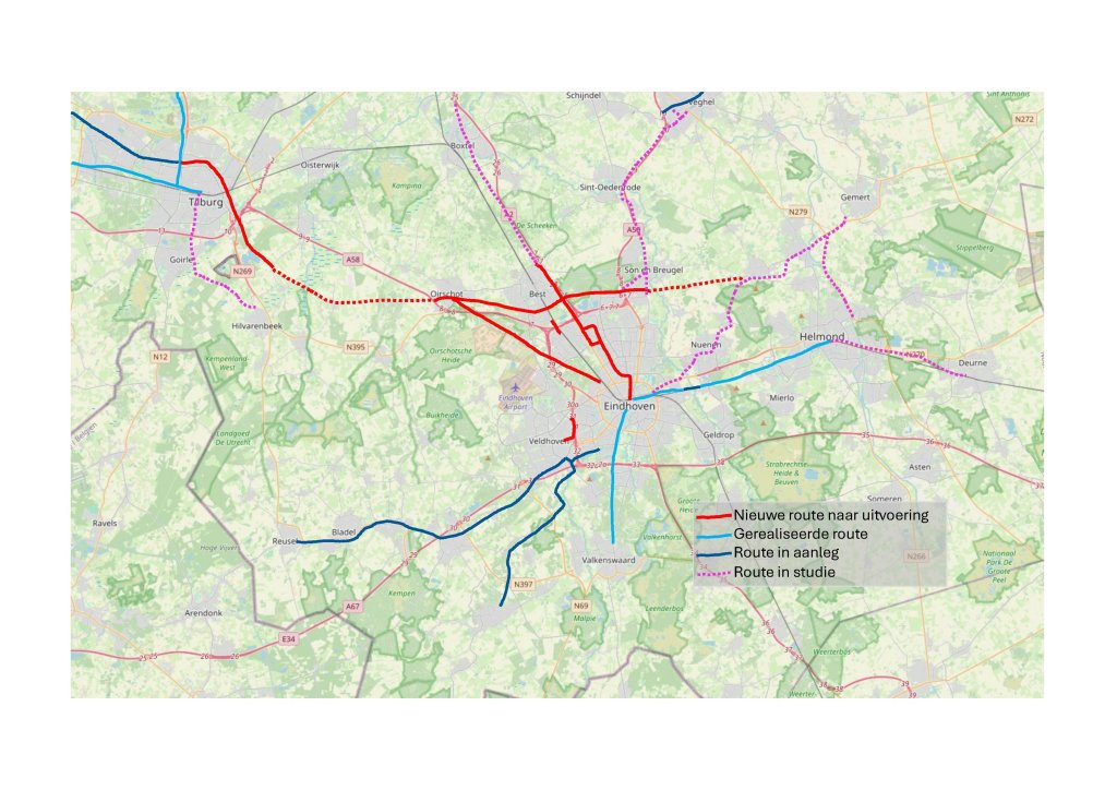 Kaart van de regio Eindhoven met de snelfietsroutes