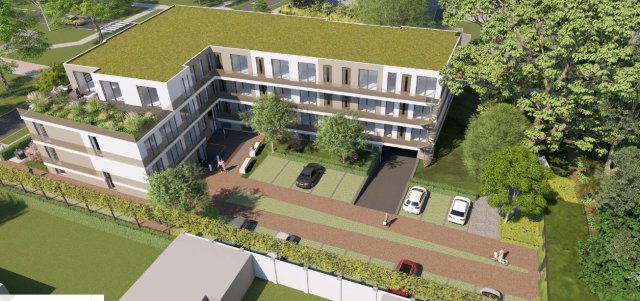 Impressie Refeling 60 van bovenaf, appartementengebouw met parkeerplaatsen en groen