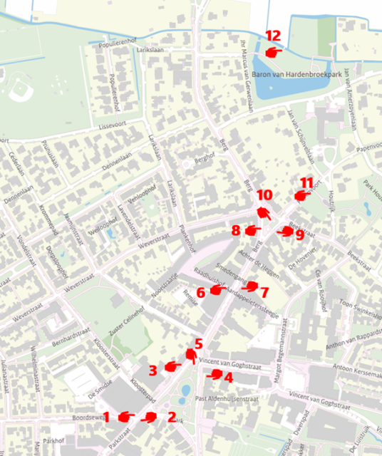 Kaart van het centrum van Nuenen met locaties van de 12 telsensoren
