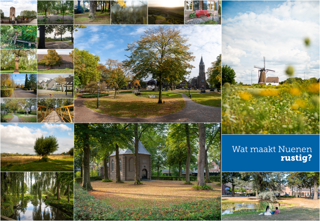 Wat maakt Nuenen rustig? Je ziet diverse foto's van Nuenen waarvan Het Park, het Vincent van Gogh kerkje en molen De Roosdonck het grootst staan afgebeeld.