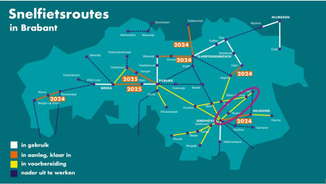 Kaart van snelfietsroutes in Brabant met omcirkeld de route tussen Gemert en Eindhoven