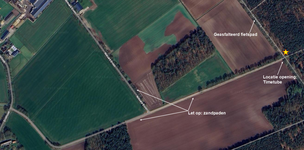 Kaartje met bereikbaarheid locatie TIMETUBE: vanuit Oostelbeers zijn de toegangswegen grotendeels zandpaden: zowel de Nieuwe Erven als de route vanuit Driehoek zijn onverhard. De opening vindt plaats op het geasfalteerde fietspad De Hanenberg. Deze is via de verharde Burgemeester Jan Smulderslaan met de fiets te bereiken.