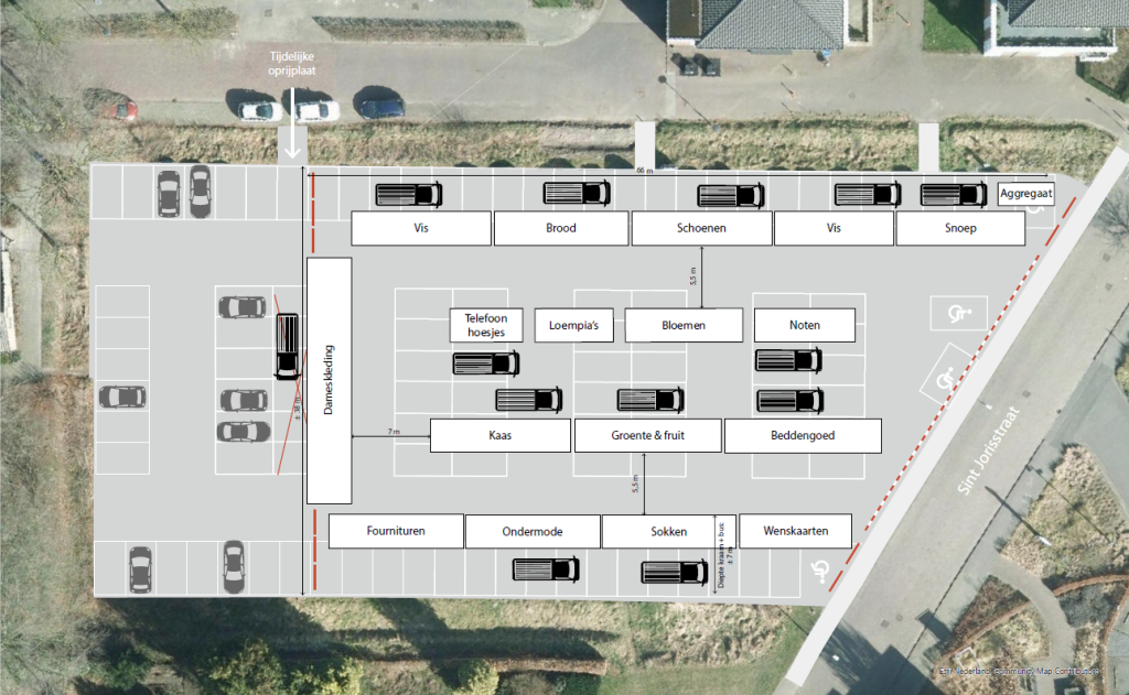 Plattegrond van verplaatste weekmarkt Sint Jorisstraat.