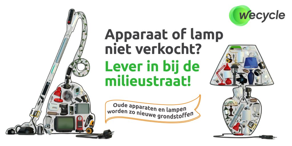 Logo Wecycle  met de tekst: Apparaat of lamp niet verkocht lever in bij de milieustraat