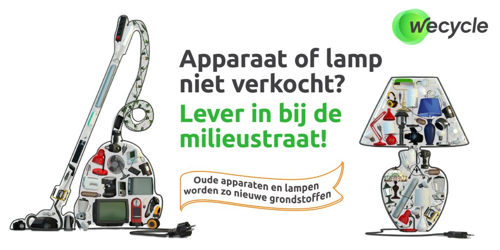 Logo Wecycle met de tekst: Apparaat of lamp niet verkocht lever in bij de milieustraat