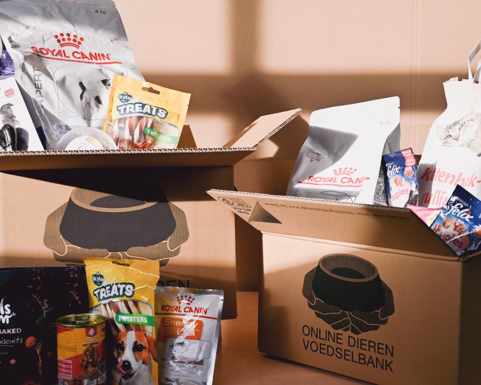 Je ziet een doos met het logo van de Dierenvoedselbank met verschillende pakken dierenvoer