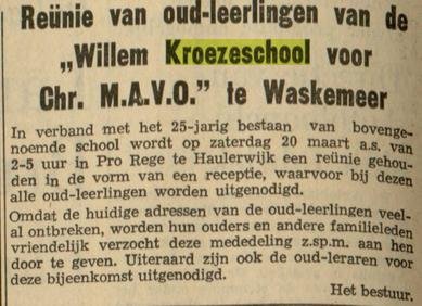 Krantartikel reunie van oud-leerlingen voor chr mavo te waskemeer