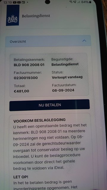 De afbeelding toont een betalingsverzoek. Als u vandaag 481 euro betaalt dan voorkomt u beslaglegging.