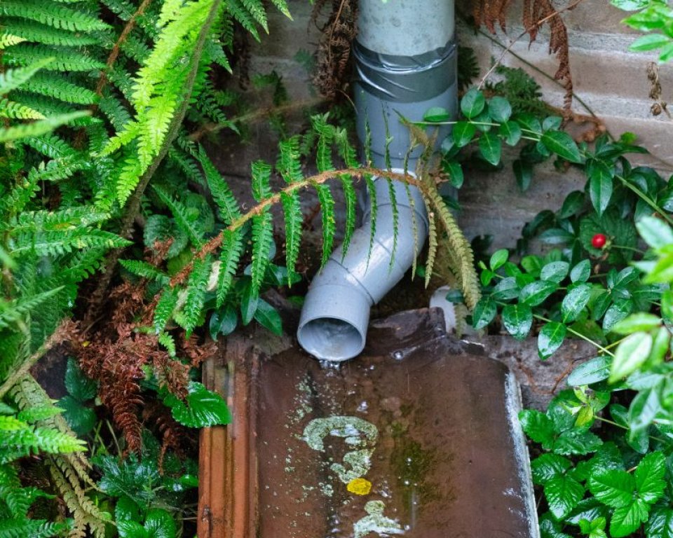 Regenwater uit een regenpijp loopt direct in de tuin