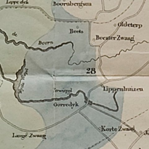 Uitsnede kaart met overstromingen, rondom Gorredijk