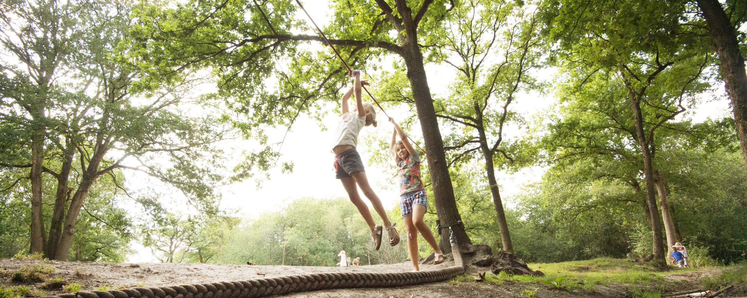 Twee kinderen slingeren aan een touw over een slootje in het bos bij Sparjebird