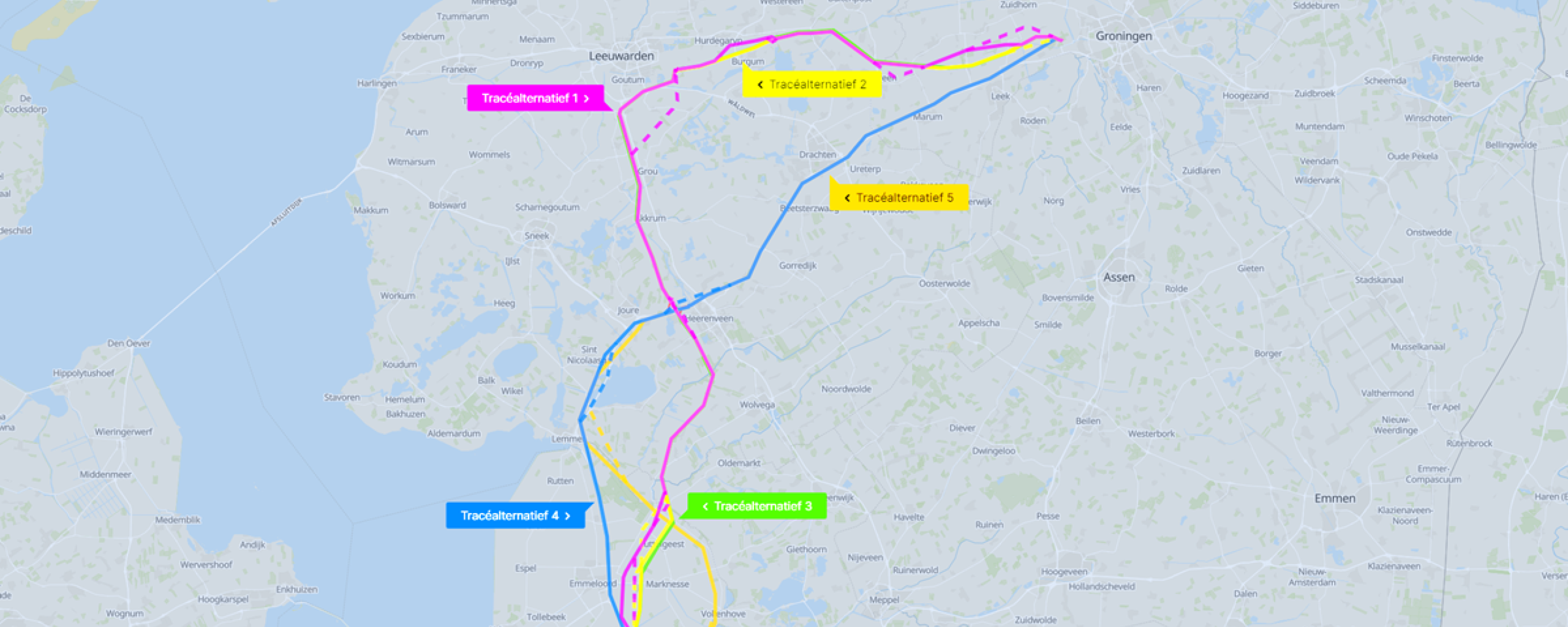 Kaart provincie Friesland met de verschillende tracéalternatieven