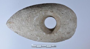 Hammerbile makke fan gabbrostien (griiswyt, mei swarte ynklúzjes, erodearre) mei in brede sintrale silindryske penetraasje. Rûne foarm mei in spitse slachrâne. Perioade: 5300–2000 f.Kr. Plak: Terwispel. Boarne: Noardlik Argeologysk Depot