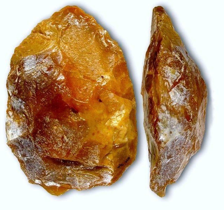 De Wijnjeterp hânbile, fûn troch Hein Neanderthalers, ynklusyf de earder neamde van der Vliet, datearre op sawat 110.000 jier âld. Wijnjeterp, en twa flakes yn Siegerswoude en Nij Beets. Ek boarne: Marcel Niekus, archeolooch en spesjalist yn 'e Alde Stientiid/Neanderthalers. Foto: Frans de Vries, 
