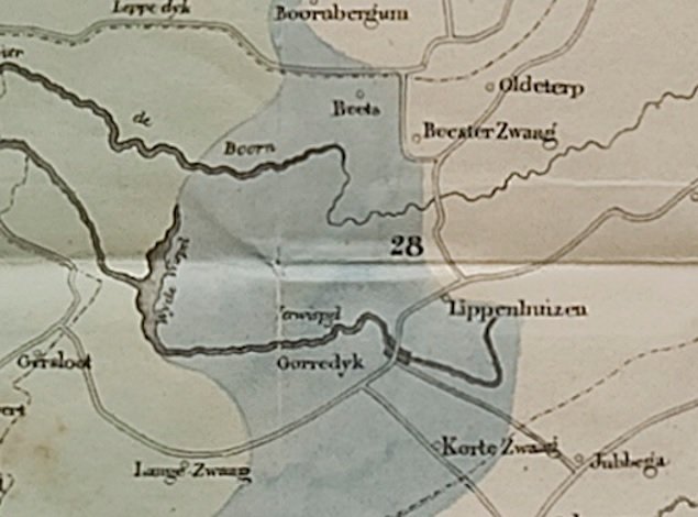 Uitsnede kaart met overstromingen, rondom Gorredijk