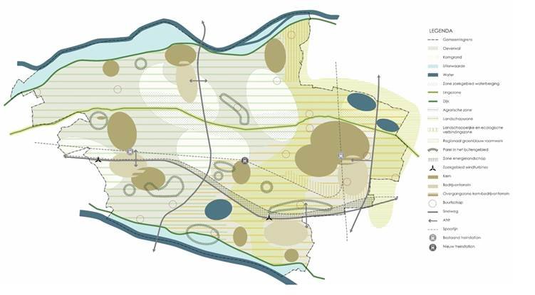 Kaartje gemeente Overbetuwe schematisch weergegeven landelijk gebied met twee zoekgebieden windenergie. Links zoekgebied Midden-Betuwe langs A15. Rechts A15 bij bedrijventerrein Park 15. De zoekgebieden zijn aangegeven met een windturbine icoon.  