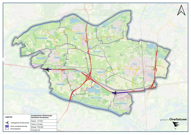 Kaartje gemeente Overbetuwe schematisch weergegeven landelijk gebied met twee zoekgebieden windenergie. Links zoekgebied Midden-Betuwe langs A15. Rechts A15 bij bedrijventerrein Park 15. De zoekgebieden zijn aangegeven met een windturbine icoon.