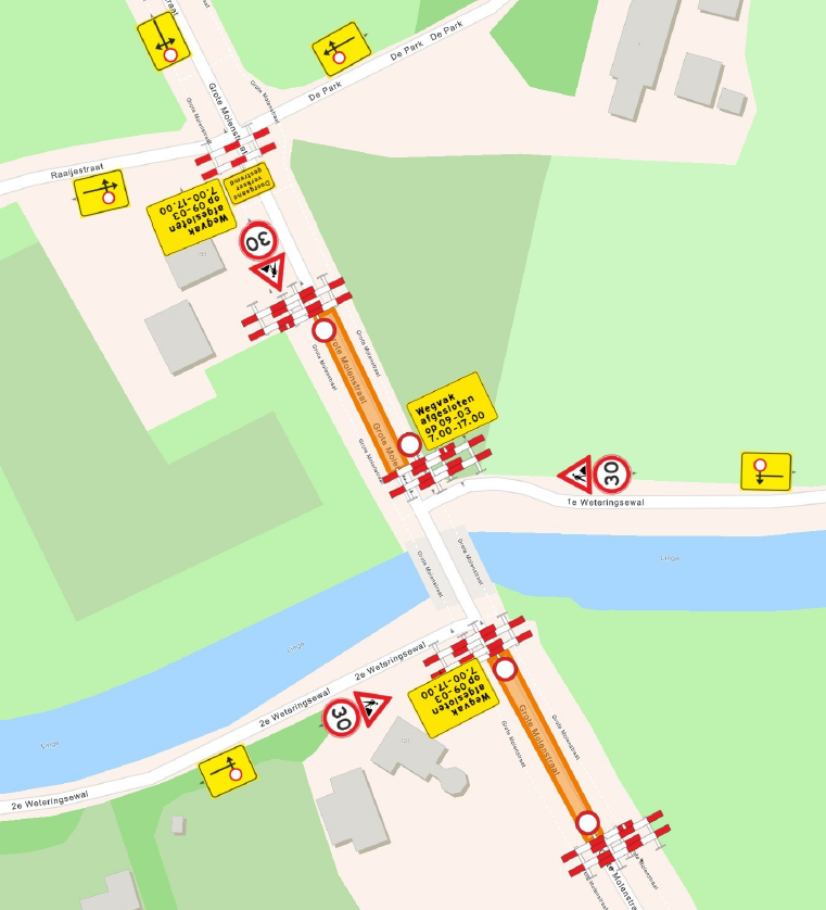 Kaart waarop te zien is dat de Grote Molenstraat in Elst op maandag 9 maart afgesloten is bij de kruising met de Weteringsewal.