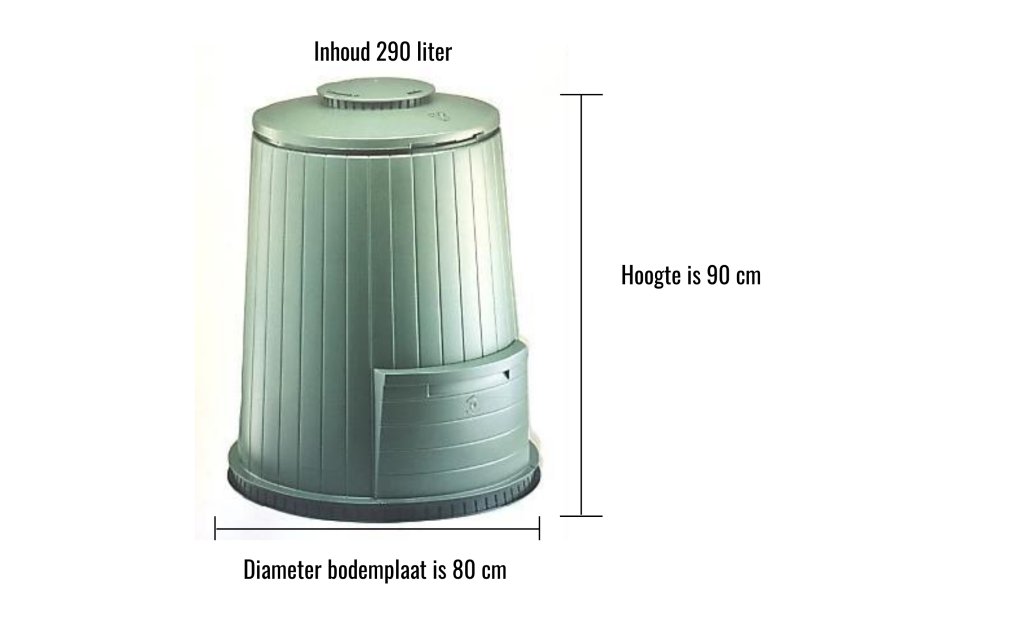 Afbeelding van compostvast met de afmetingen: inhoud is 290 liter, hoogte is 90 cm, diameter bodemplaat is 80 cm