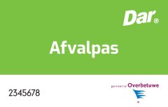 groene afvalpas met logo van Dar en gemeente Overbetuwe met de tekst afvalpas en kaartnummer