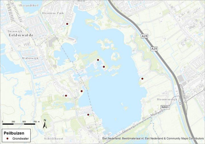 Kaart locaties van de peilbuizen