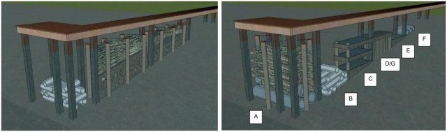 Twee schetsen van een vissenhotel met verschillende elementen onder een steiger, naar ontwerp van een Technasium studenten