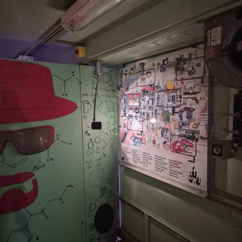 Binnenkant escaperoom muren met tekeningen en afbeeldingen van oa plattengrond erop